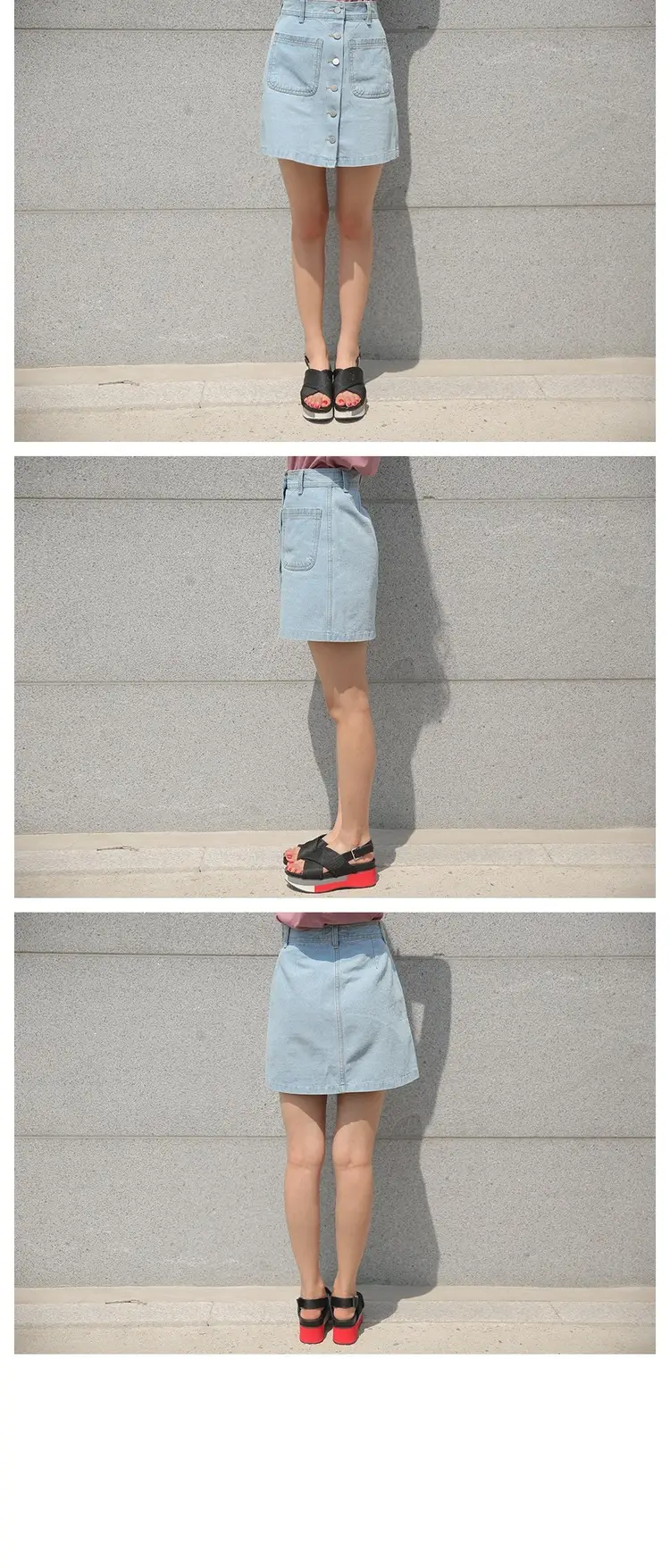Women Denim Skirt Blue Light Blue Button High Waist Slimming — feature 9