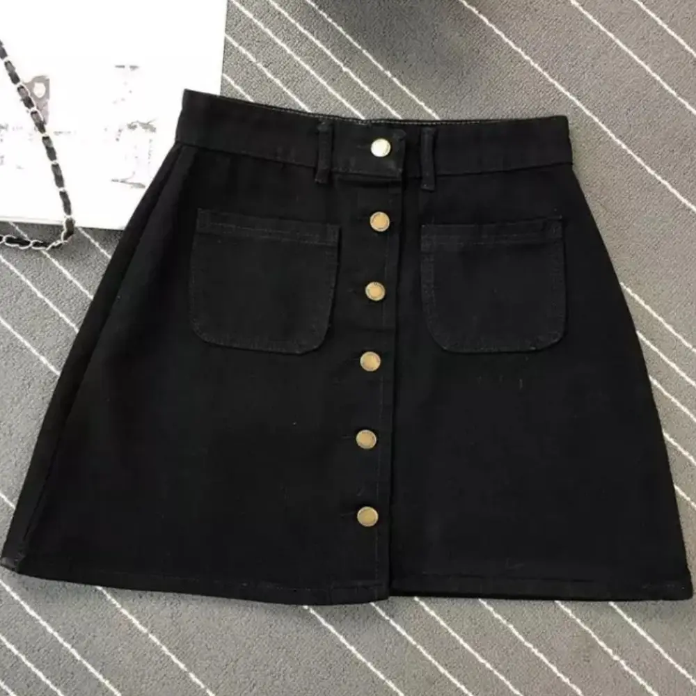 Women Denim Skirt Blue Light Blue Button High Waist Slimming - Image 2