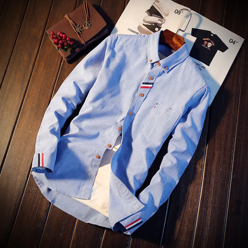 Men's Blue Japanese Style Slim Fit Shirt with Embroidered Details - Image 7