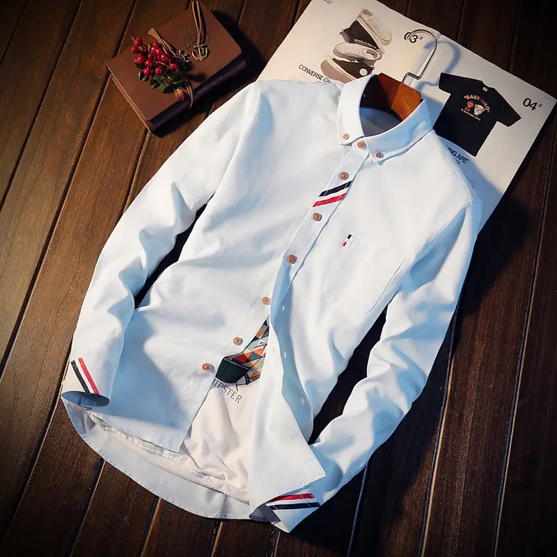 Men's Blue Japanese Style Slim Fit Shirt with Embroidered Details - Image 2