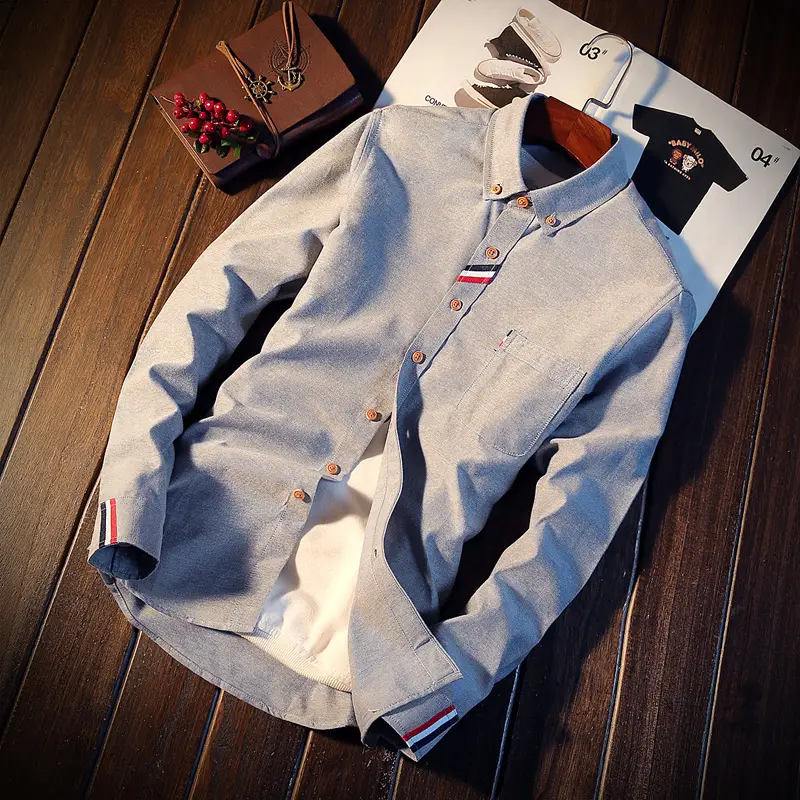 Men's Blue Japanese Style Slim Fit Shirt with Embroidered Details - Image 3