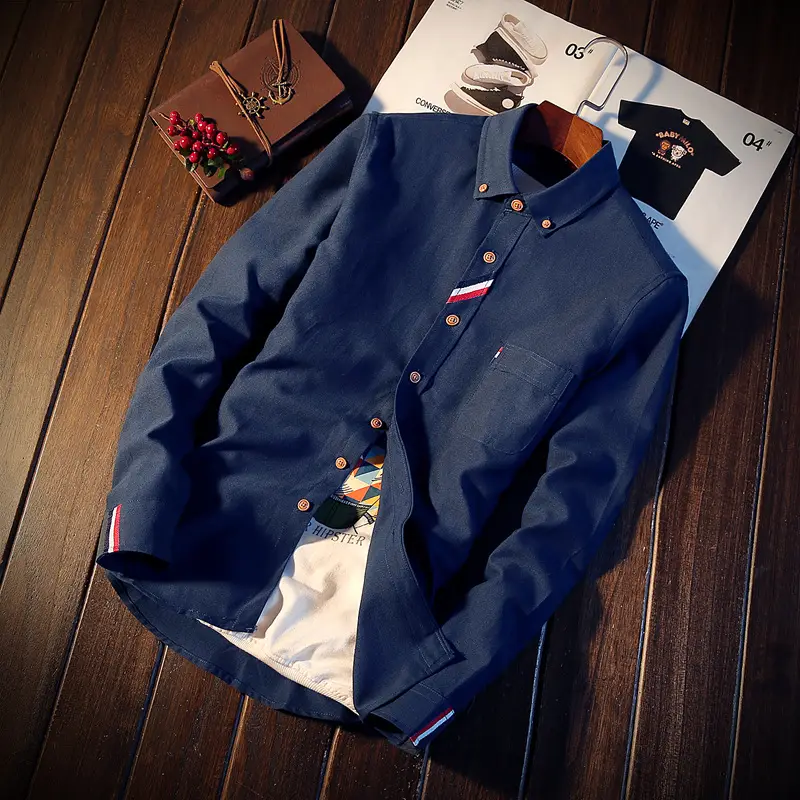 Men's Blue Japanese Style Slim Fit Shirt with Embroidered Details - Image 4