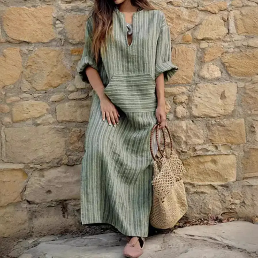 Striped Loose Long Dress Yarn-dyed Cotton Linen