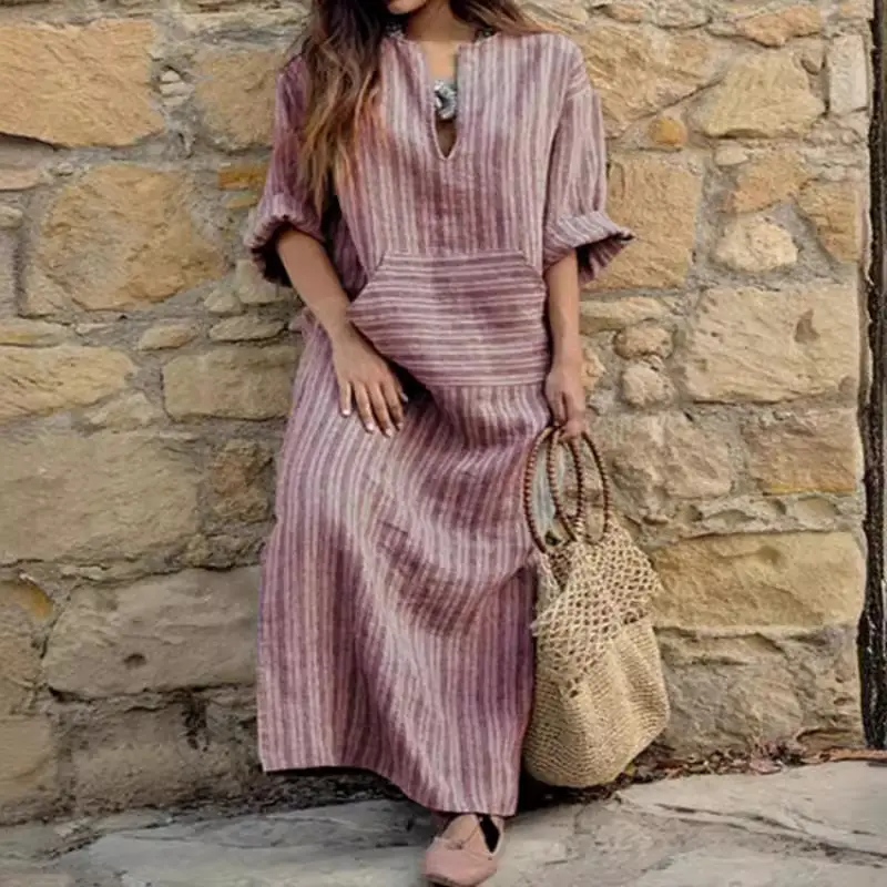 Striped Loose Long Dress Yarn-dyed Cotton Linen