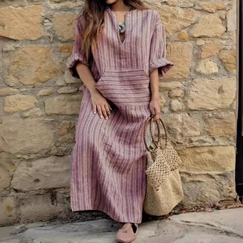 Striped Loose Long Dress Yarn-dyed Cotton Linen