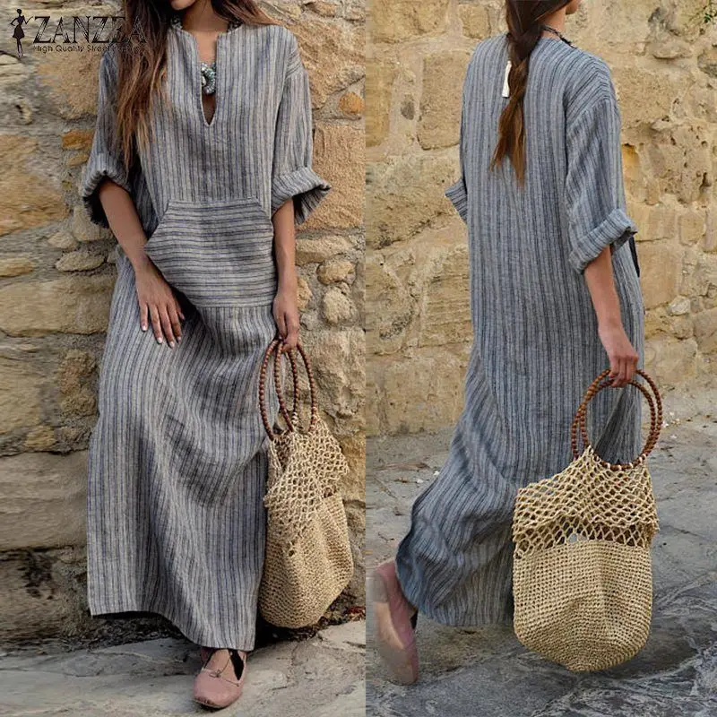 Striped Loose Long Dress Yarn-dyed Cotton Linen — feature 2