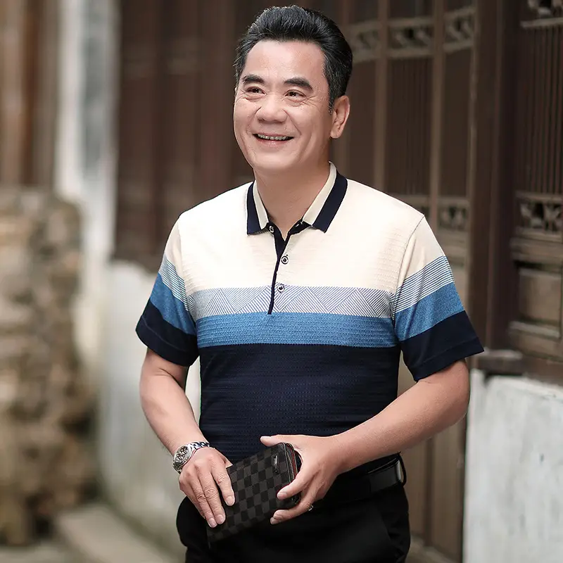 Men Blue Striped Polo T-Shirt with Belt - Image 4