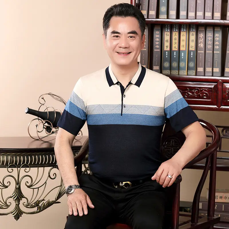 Men Blue Striped Polo T-Shirt with Belt - Image 5