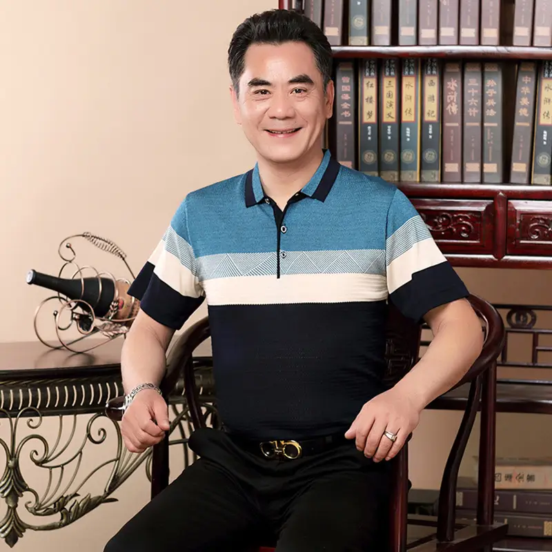 Men Blue Striped Polo T-Shirt with Belt - Image 6