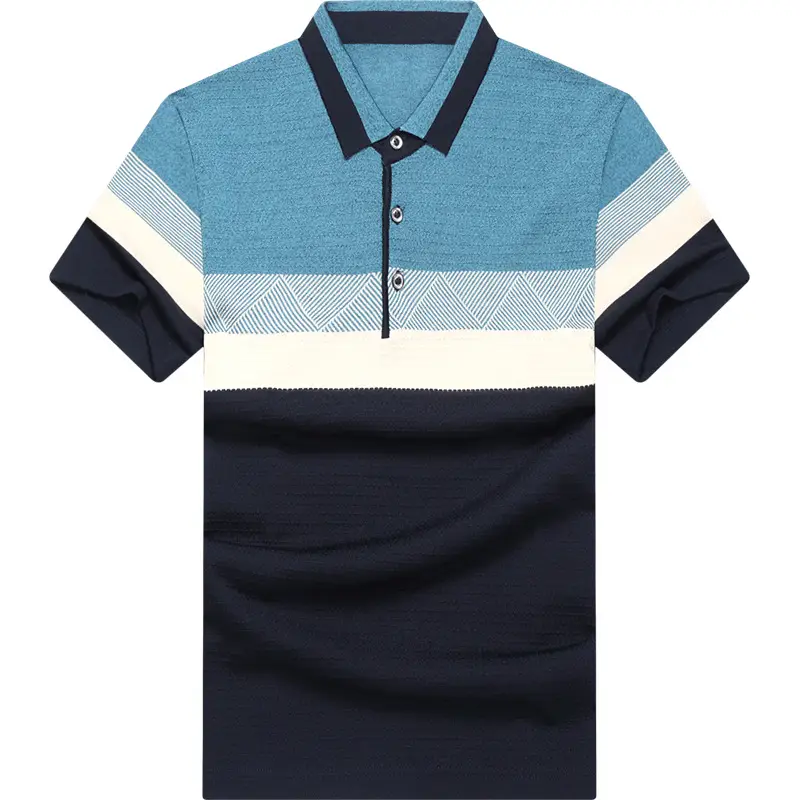 Men Blue Striped Polo T-Shirt with Belt - Image 7