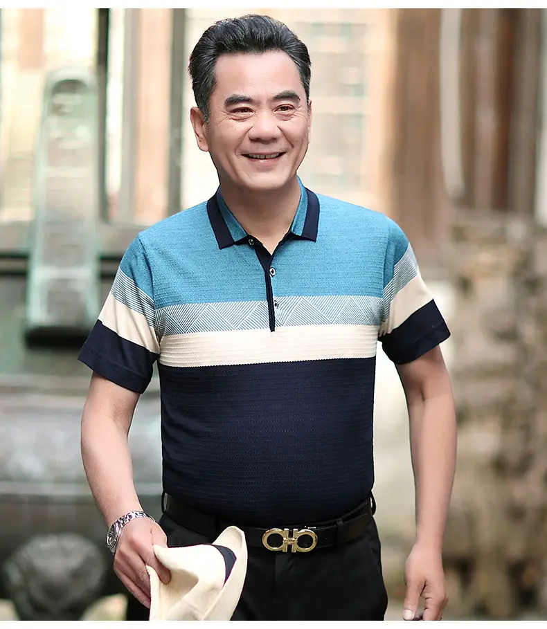 Men Blue Striped Polo T-Shirt with Belt — feature 19