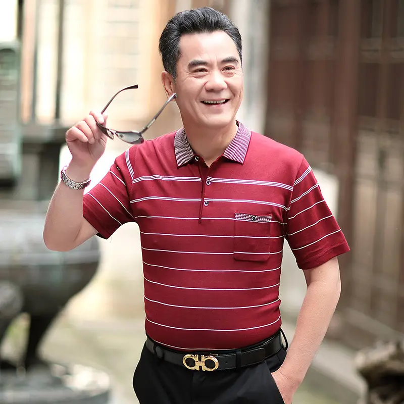 Men Navy Striped Knitted Lapel T-Shirt - Image 5