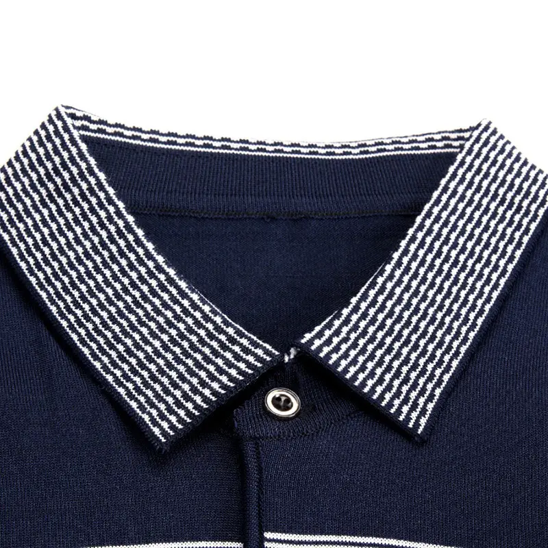 Men Navy Striped Knitted Lapel T-Shirt - Image 7