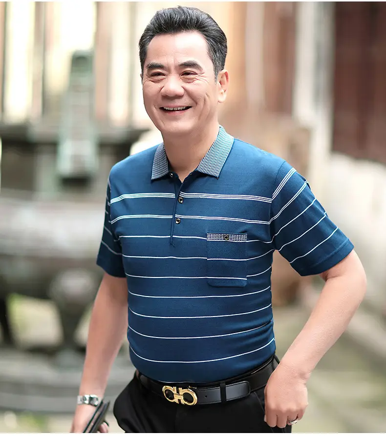 Men Navy Striped Knitted Lapel T-Shirt — feature 11
