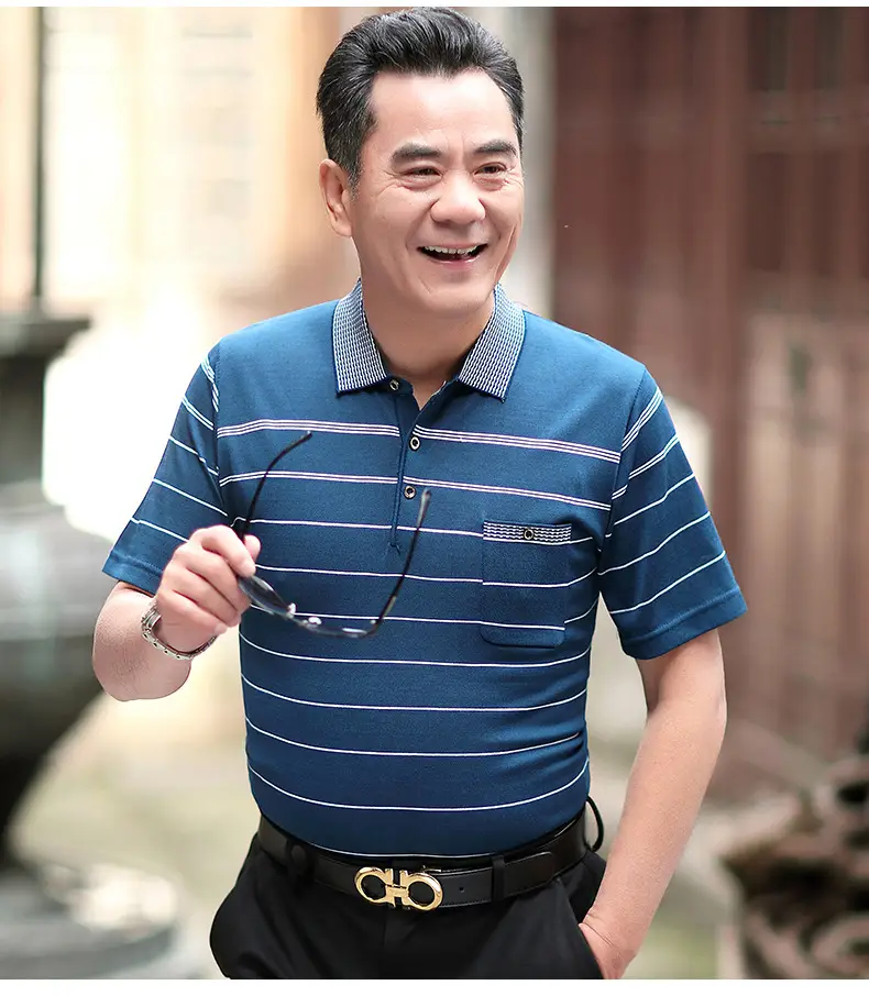 Men Navy Striped Knitted Lapel T-Shirt — feature 13