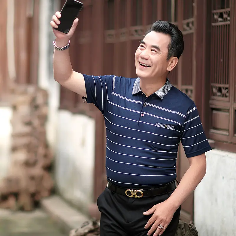 Men Navy Striped Knitted Lapel T-Shirt - Image 2