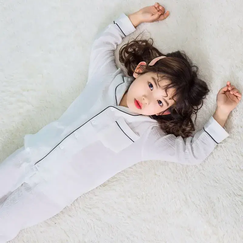 Girls' White Cotton Pajamas Summer Pleated - Image 9