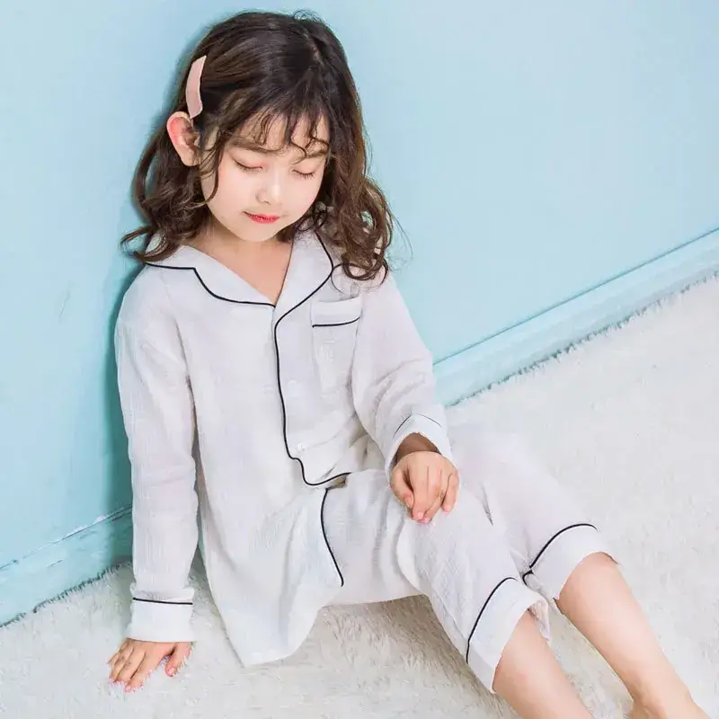 Girls' White Cotton Pajamas Summer Pleated - Image 3
