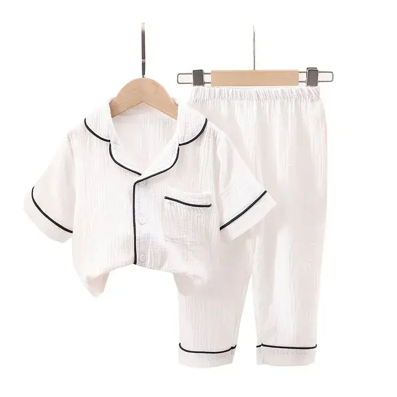 Girls' White Cotton Pajamas Summer Pleated - Image 6