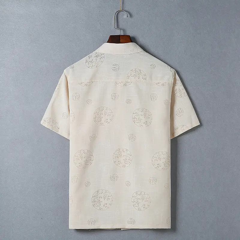 Men's Retro Embroidered Cotton Short Sleeve Tan Coat - Image 6