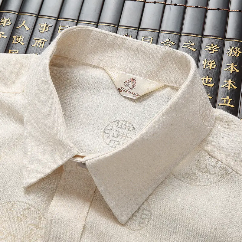 Men's Retro Embroidered Cotton Short Sleeve Tan Coat - Image 7