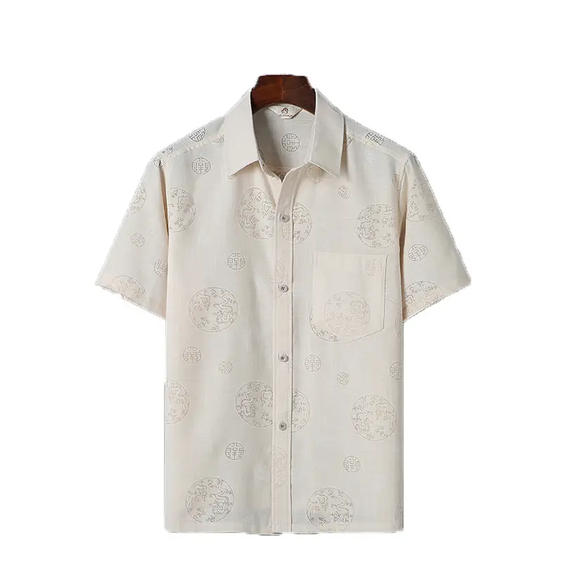 Men's Retro Embroidered Cotton Short Sleeve Tan Coat - Image 8
