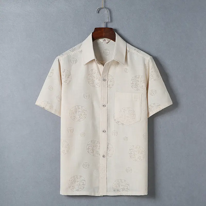 Men's Retro Embroidered Cotton Short Sleeve Tan Coat - Image 3