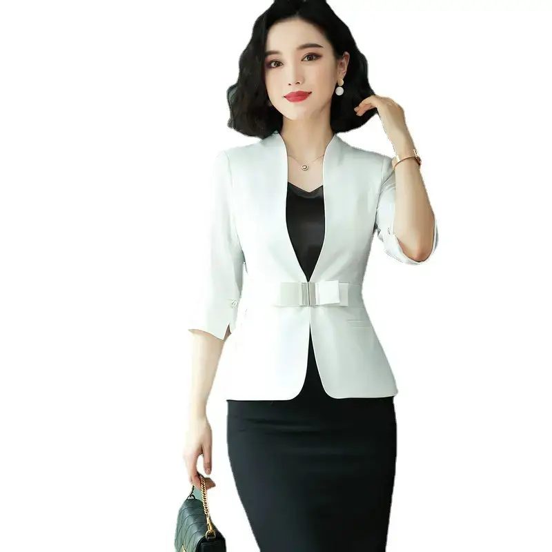 Women's White Sleeveless Blazer Suit with Belt for Office Wear - Image 14