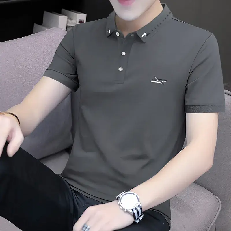 2025 Summer Lapel Polo Shirt for Men Grey Collared - Image 12