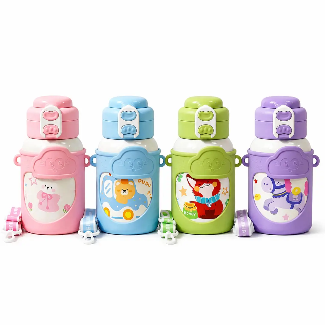 Children's suction tube Cup cartoon double stainless steel thermos cup student silicone sleeve large capacity thermos pot wholesale custom