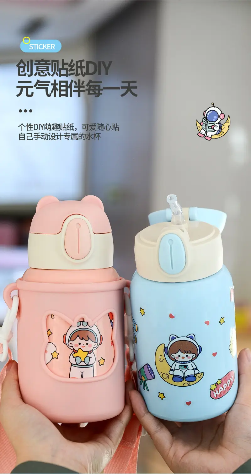 Children's suction tube Cup cartoon double stainless steel thermos cup student silicone sleeve large capacity thermos pot wholesale custom — feature 11