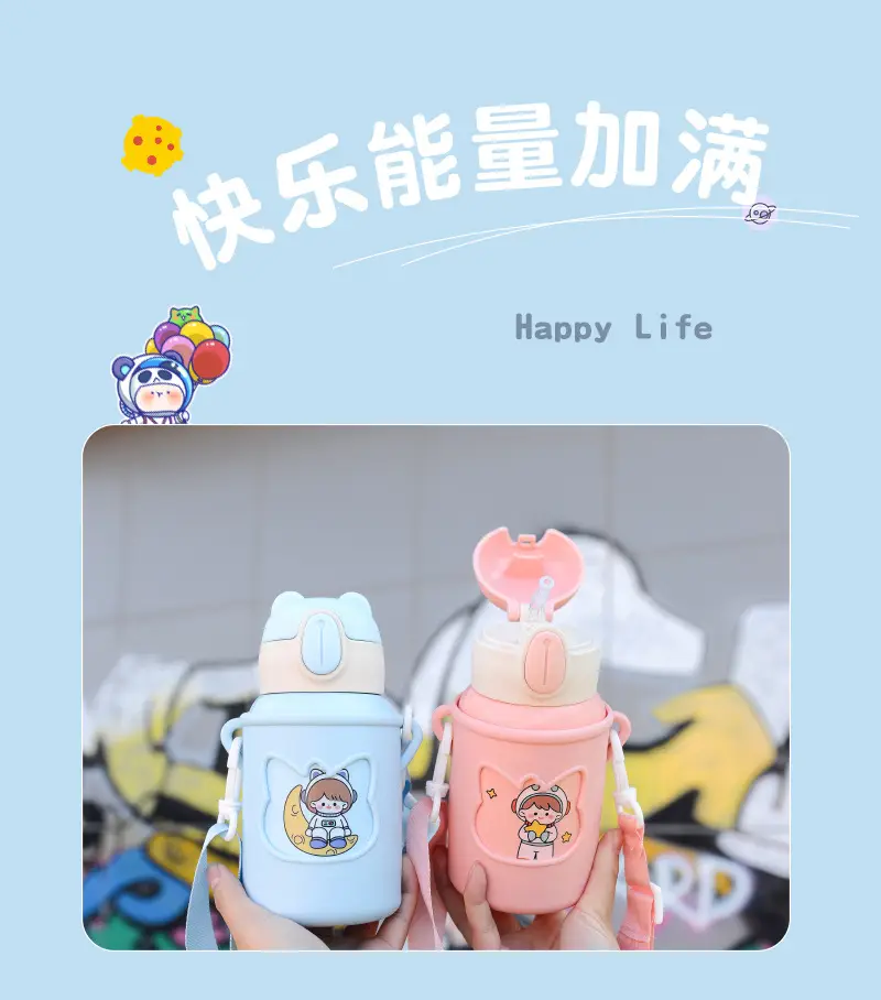Children's suction tube Cup cartoon double stainless steel thermos cup student silicone sleeve large capacity thermos pot wholesale custom — feature 22