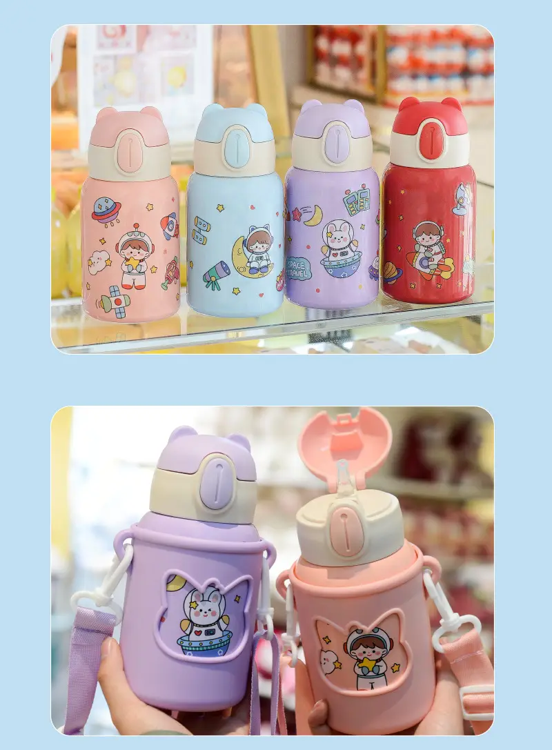 Children's suction tube Cup cartoon double stainless steel thermos cup student silicone sleeve large capacity thermos pot wholesale custom — feature 23