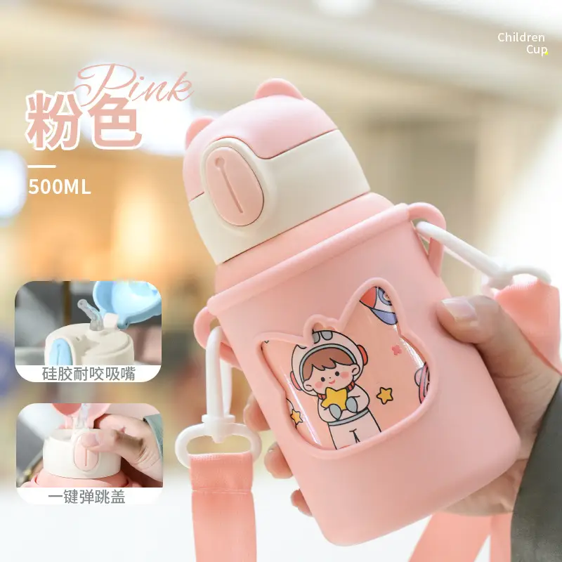 Children's suction tube Cup cartoon double stainless steel thermos cup student silicone sleeve large capacity thermos pot wholesale custom