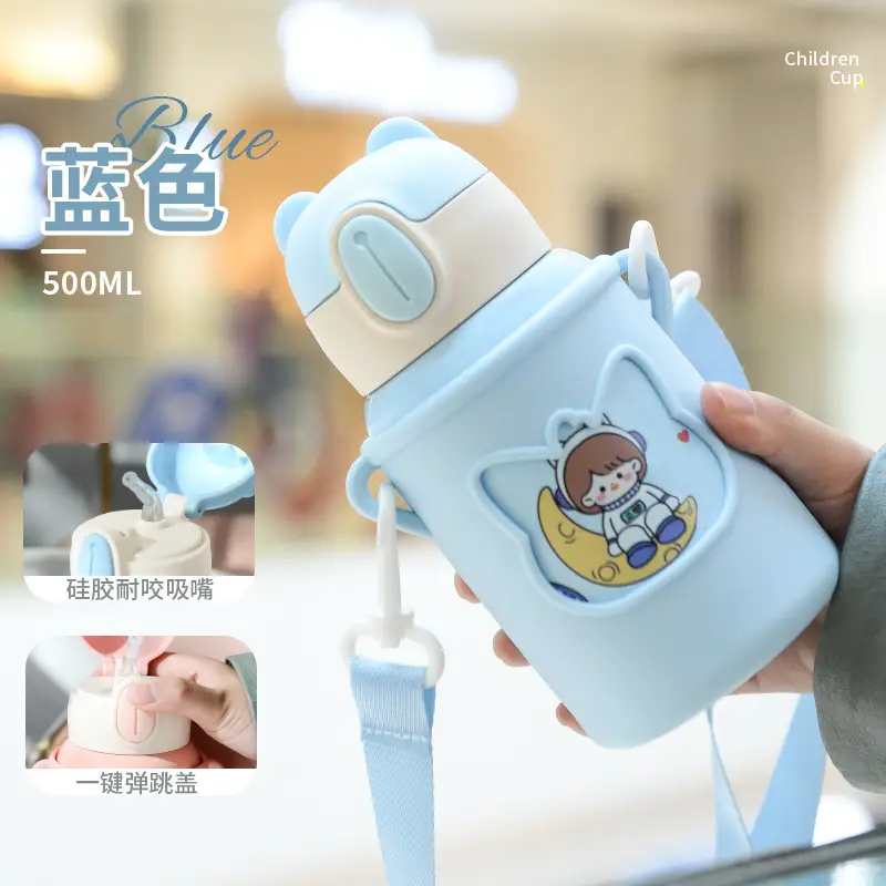 Children's suction tube Cup cartoon double stainless steel thermos cup student silicone sleeve large capacity thermos pot wholesale custom