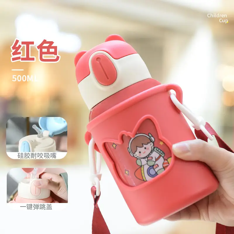 Children's suction tube Cup cartoon double stainless steel thermos cup student silicone sleeve large capacity thermos pot wholesale custom