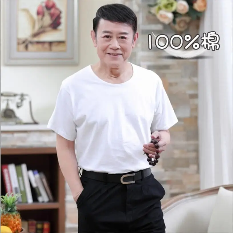 Men's White Cotton Round Neck T-Shirt Short Sleeve Loose Fit - Image 2