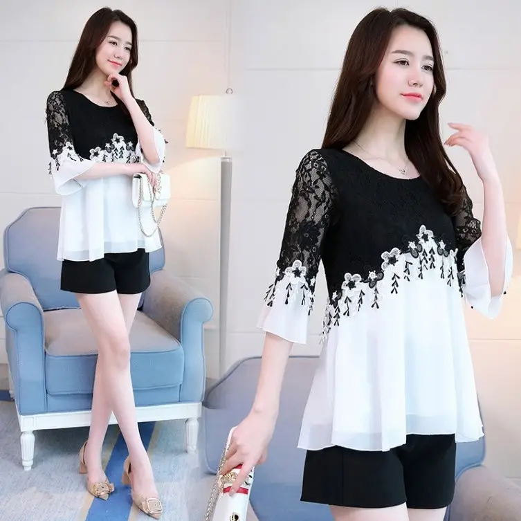 Korean Style Chiffon Lace Shirt Large Women - Image 4
