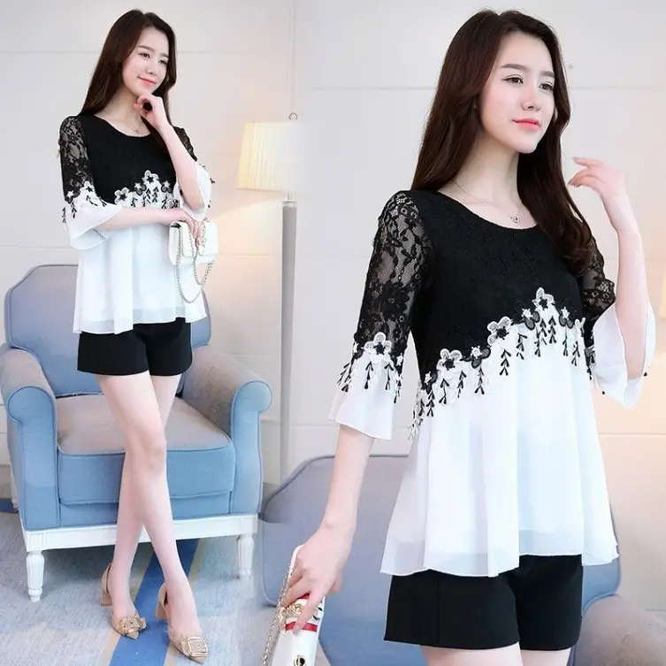 Korean Style Chiffon Lace Shirt Large Women - Image 2