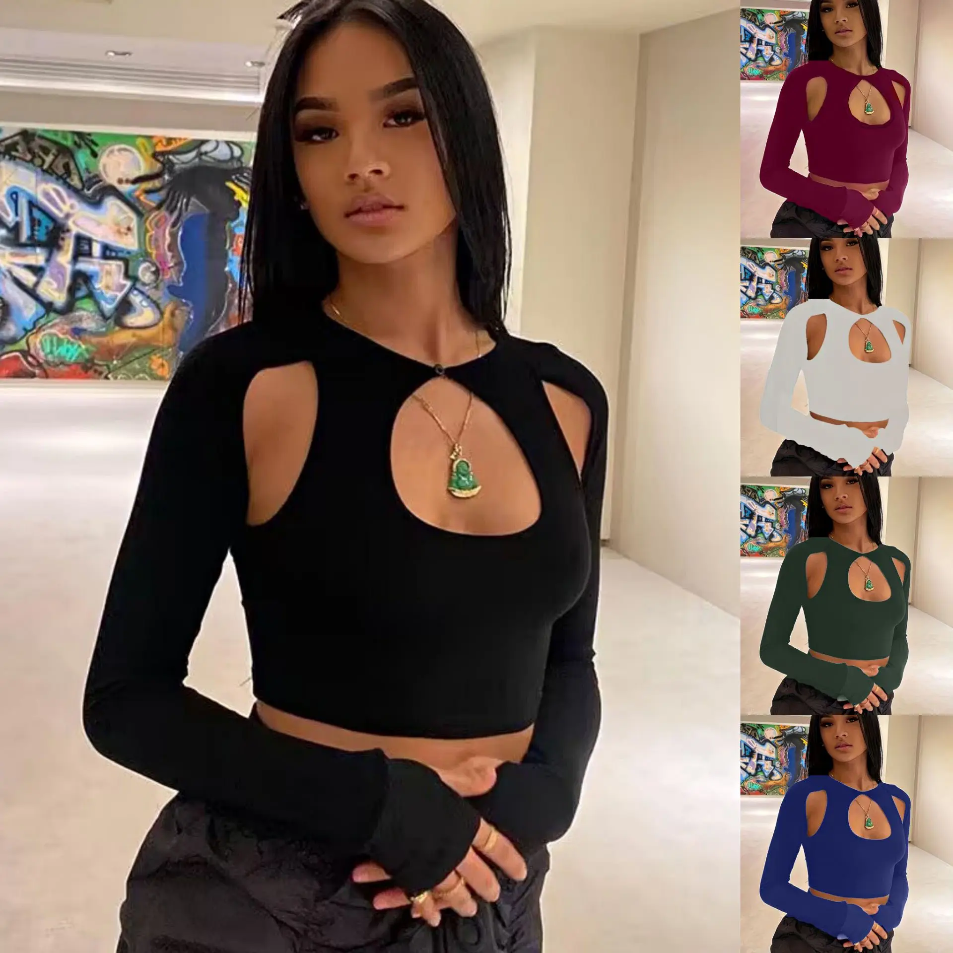 Cut Out Navel Baring Long Sleeve Top Maroon - Image 6