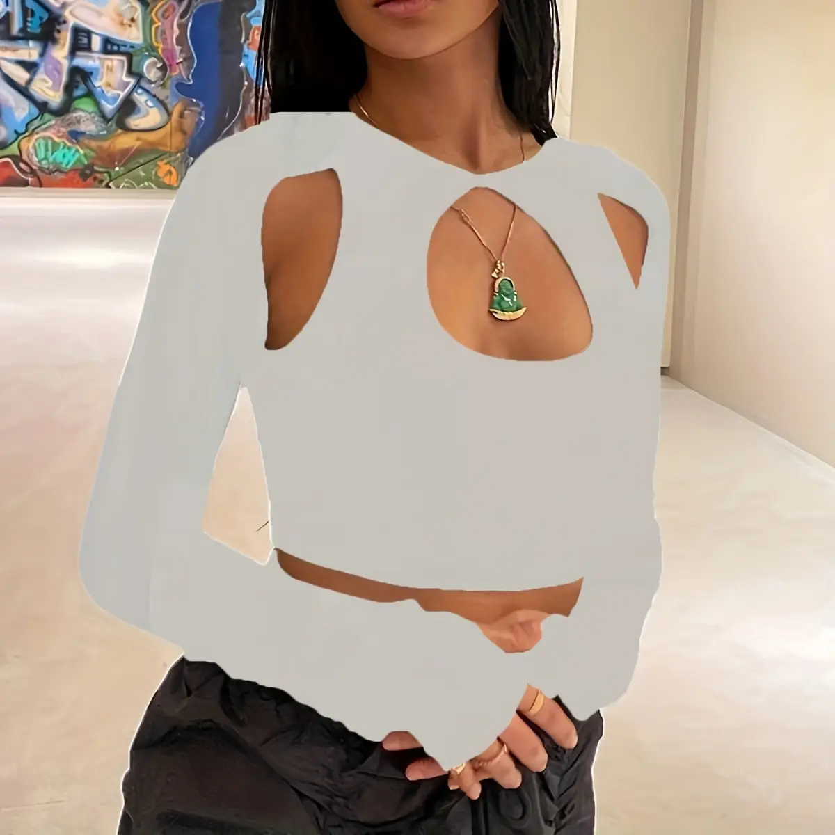 Cut Out Navel Baring Long Sleeve Top Maroon - Image 8