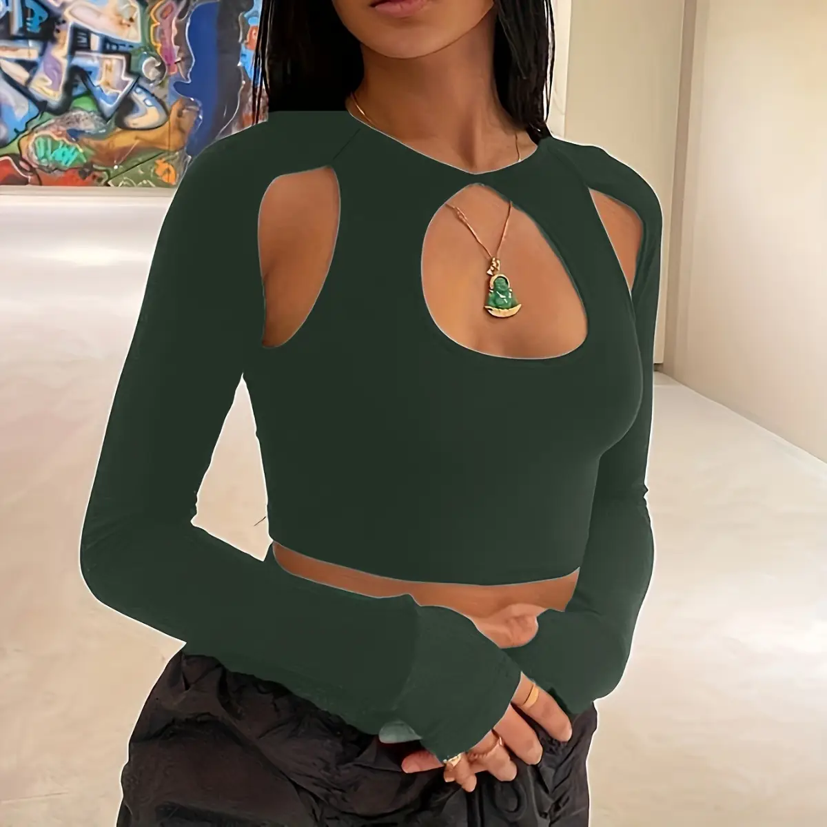 Cut Out Navel Baring Long Sleeve Top Maroon - Image 9