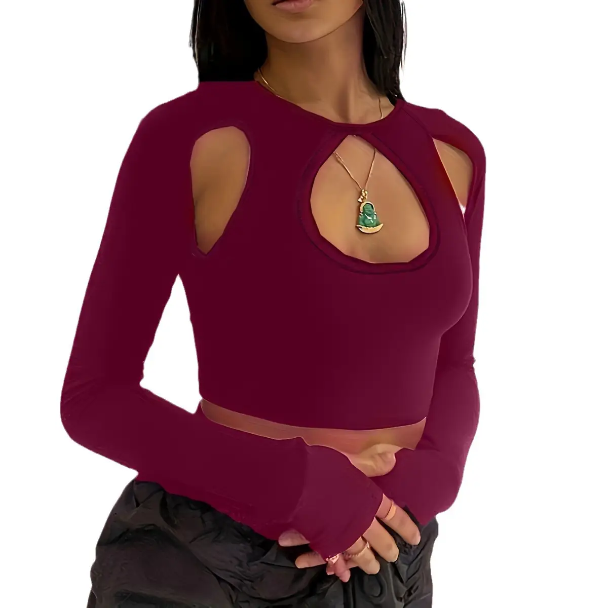 Cut Out Navel Baring Long Sleeve Top Maroon - Image 10