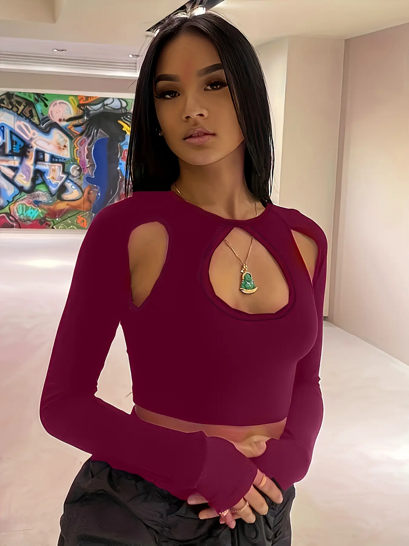 Cut Out Navel Baring Long Sleeve Top Maroon - Image 3