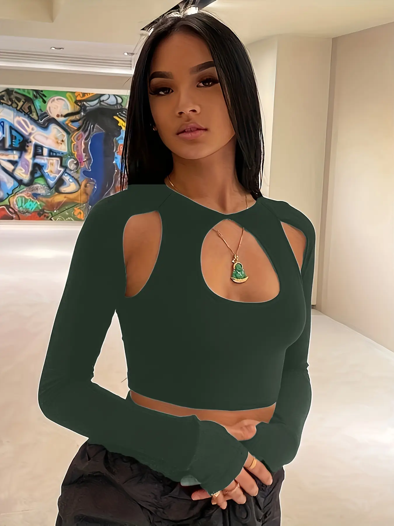 Cut Out Navel Baring Long Sleeve Top Maroon - Image 5