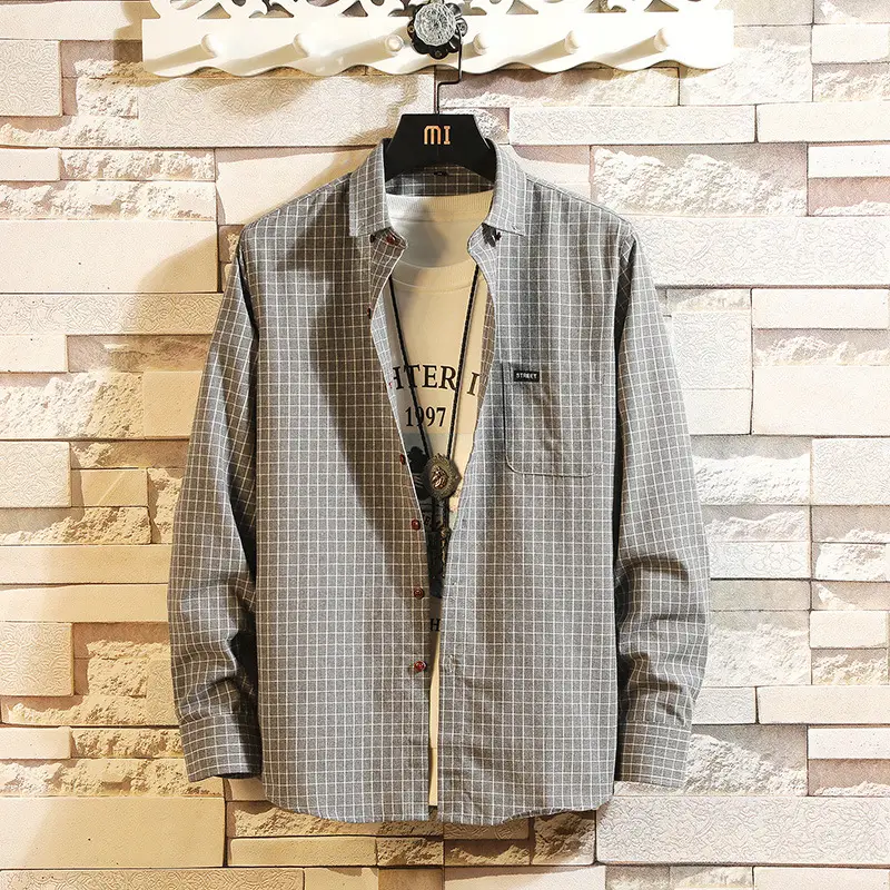 Men's Japanese Small Checkered Long Sleeve Shirt