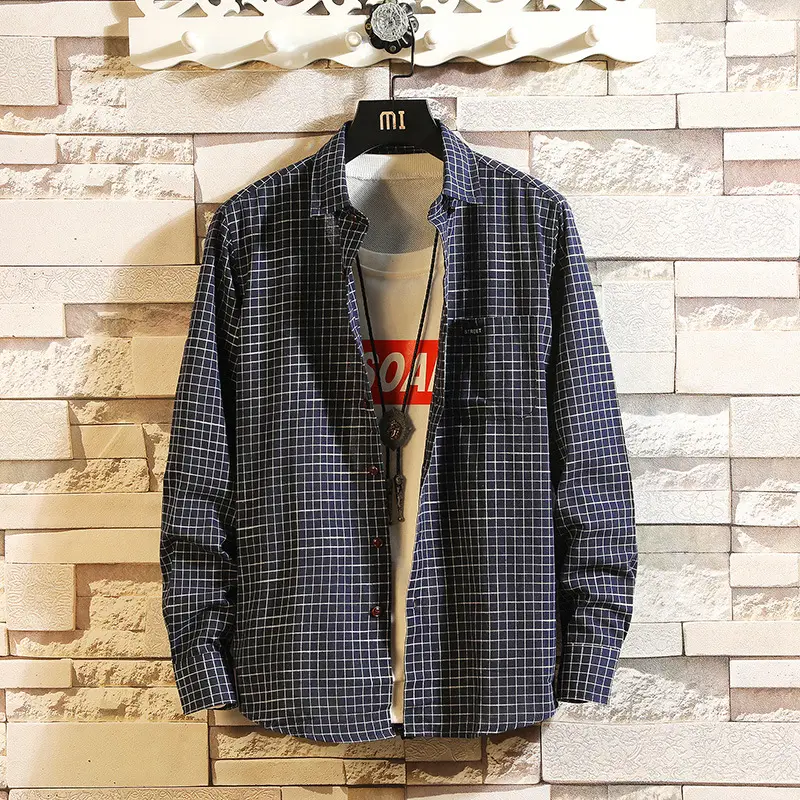 Men's Japanese Small Checkered Long Sleeve Shirt