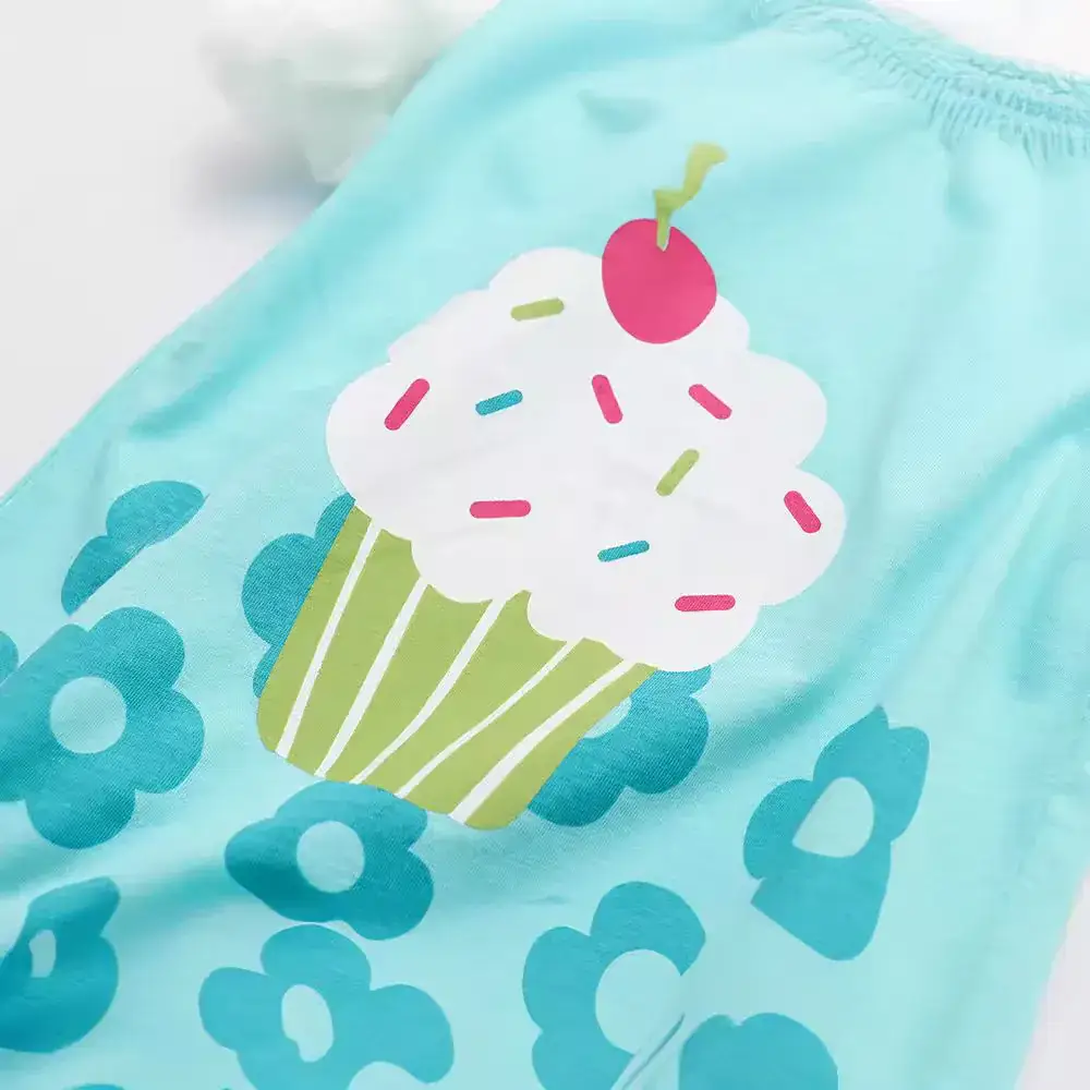 Summer Cotton T-Shirt for Girls Light Blue Cupcake Design