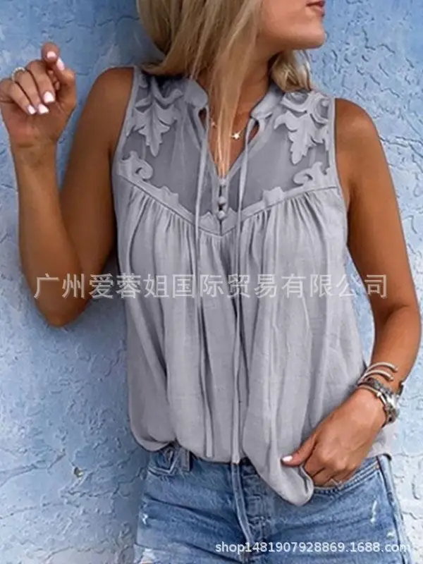 2021 V-Neck Sleeveless Chiffon Shirt Grey