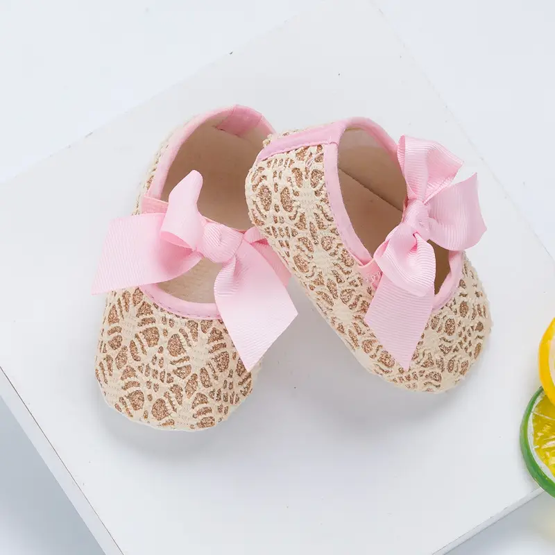 Pink Lace Baby Shoes with Bow & Non-Slip Sole